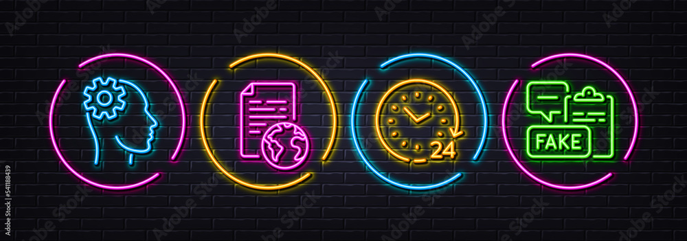Poster engineering, internet document and 24 hours minimal line icons. neon laser 3d lights. fake document 