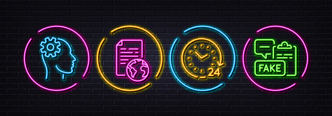 Engineering, Internet document and 24 hours minimal line icons. Neon laser 3d lights. Fake document icons. For web, application, printing. Cogwheel head, Web page, Time. Wrong truth. Vector