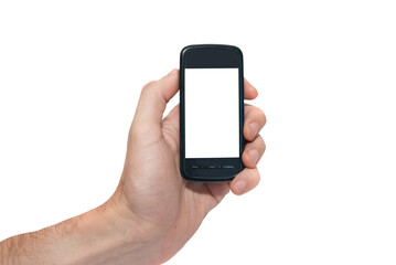 Mobile phone smartphone in hand in PNG isolated on transparent background