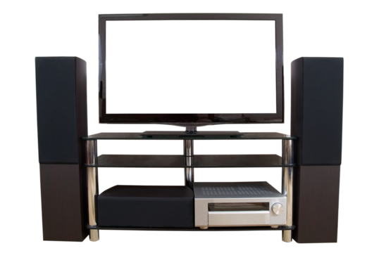 Home theatre with tv and hi-fi acoustic in PNG isolated on transparent background