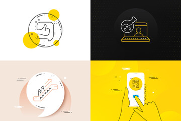 Minimal set of Like, Washing machine and Escalator line icons. Phone screen, Quote banners. Online chemistry icons. For web development. Thumb up, Repair service, Elevator. Lab flask. Vector