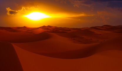 Beautiful sand dunes in the Sahara desert with amazing cloudy sky - Sahara, Morocco