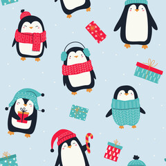 Seamless pattern with cute penguins and gift boxes on blue background. Funny penguins in red Christmas hat, sweater and scarf. Christmas and New Year ornament pattern. For textiles, wrapping paper