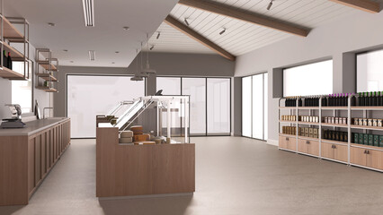 Grocery store interior design. Industrial floor, wooden furniture, loft style. Modern architecture