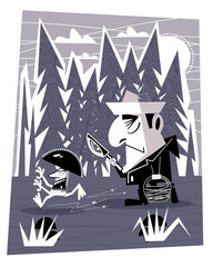 Mushroom picker collects mushrooms in the forest. Vector illustration.