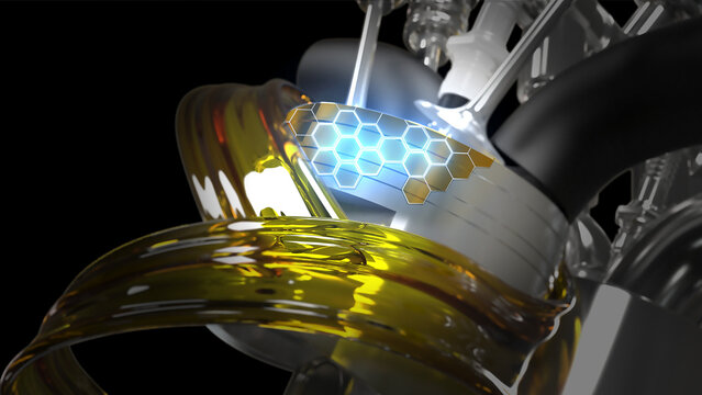 3D illustration of engine and lubricant with a certificate to protect the engine