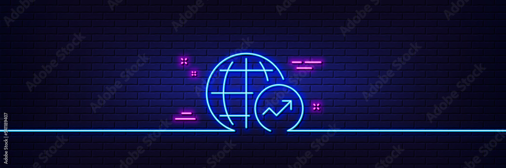 Poster neon light glow effect. world statistics line icon. report chart or sales growth sign. data analysis