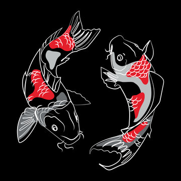 recommend clip art: Two Japanese koi carp fishes line drawing, with red and gray abstract shapes and Minimal art design, on black background Vector illustration.Designs for T-shirts,Tattoos,Stickers,Logo or Posters