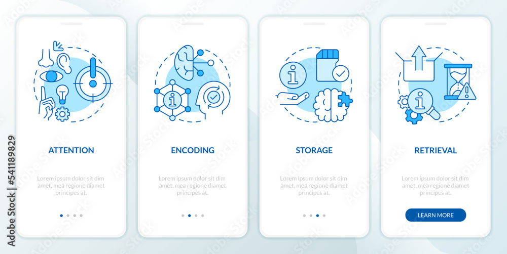 Poster memorizing information stages blue onboarding mobile app screen. brain walkthrough 4 steps editable 
