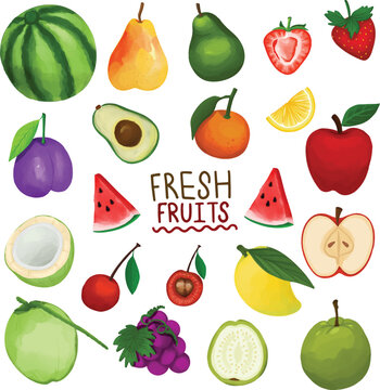 Set of Watercolor Fresh fruits clipart.
