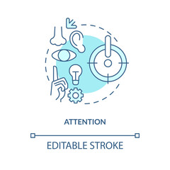 Pay attention on ideas concept turquoise icon. Focus on. Brain memorization stages abstract idea thin line illustration. Isolated outline drawing. Editable stroke. Arial, Myriad Pro-Bold fonts used
