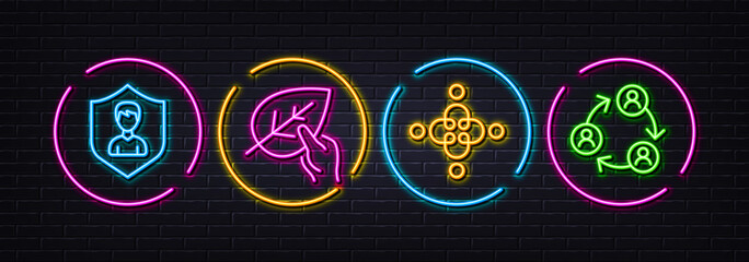 Inclusion, Security agency and Organic tested minimal line icons. Neon laser 3d lights. Teamwork icons. For web, application, printing. Equity justice, People protection, Paraben. Vector