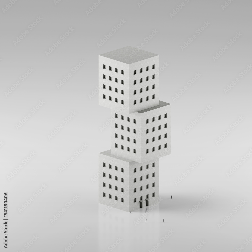 Poster  3d render of a modern cube building model, architecture experimental concept.