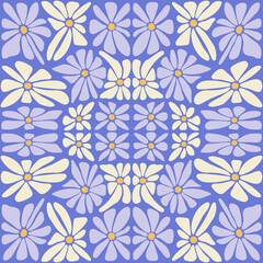 Daisy flower kaleidoscopic groovy retro seamless pattern. Y2k aesthetic vintage hypnotic background. Naive trippy hand drawn minimalistic patchwork 2000s cover textile decoration. Vector illustration.