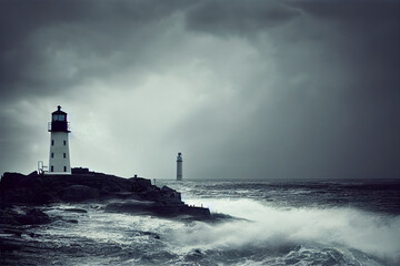 lighthouse on the coast of the sea thunder and lightning