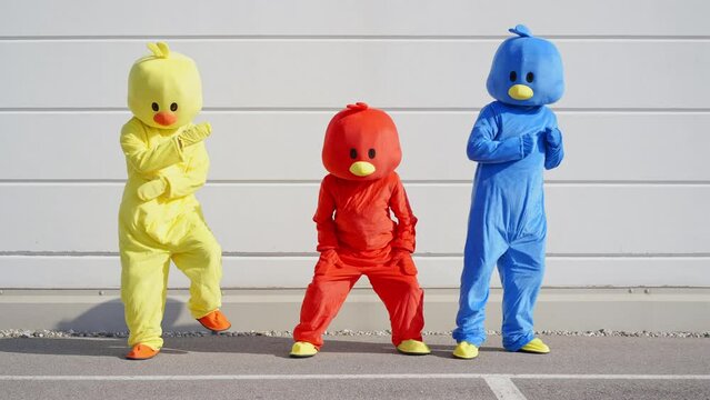 Cinematic video of friends wearing funny bird costumes having fun outdoor in a parking lot. Colored mascots dancing and making party outside. representation of carefree and freedom concepts
