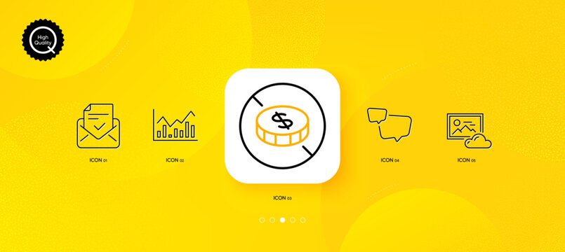 No cash, Photo cloud and Infochart minimal line icons. Yellow abstract background. Approved mail, Speech bubble icons. For web, application, printing. Tax free, Image hub, Stock exchange. Vector