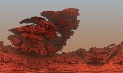 Surreal red 3d shapes of ancient shells, mushrooms, fossils or relief. Ornamental rocky landscape in hazy perspective. Psychedelic abstraction great as background, print, billet for design concepts. - 541190866