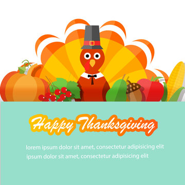 Happy Thanksgiving card or banner with turkey bird; pumpkin; harvest, vector illustration