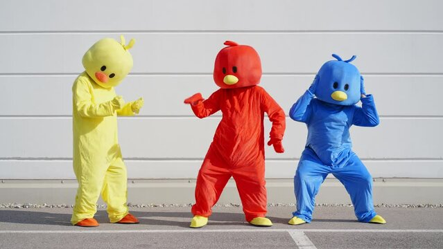 Cinematic video of friends wearing funny bird costumes having fun outdoor in a parking lot. Colored mascots dancing and making party outside. representation of carefree and freedom concepts