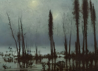Fototapeta na wymiar Trees River Water Blue Morning Lake Nature Landscape Tranquil Fog Reed Forest Tree Reflection Foggy Pond Clouds Summer Mist Autumn Spring Sky Winter Cloud Grass
