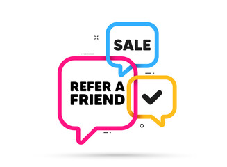 Fototapeta premium Refer a friend tag. Ribbon bubble chat banner. Discount offer coupon. Referral program sign. Advertising reference symbol. Refer friend adhesive tag. Promo banner. Vector