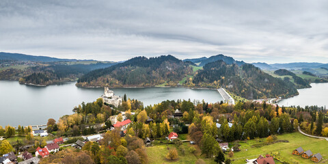 Czorsztyn lake and Castle Dunajec in Nidzica aerial panorama in autumn.