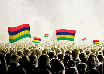 Crowd with the flags of Mauritius, people cheering national team of Mauritius. Ai generated illustration of crowd.