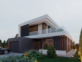 Fototapeta na wymiar 3D visualization of a house with panoramic windows, a terrace and a courtyard. House with a carport