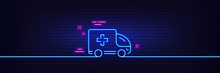 Neon light glow effect. Ambulance emergency car line icon. Hospital transportation vehicle sign. Medical symbol. 3d line neon glow icon. Brick wall banner. Ambulance emergency outline. Vector © blankstock