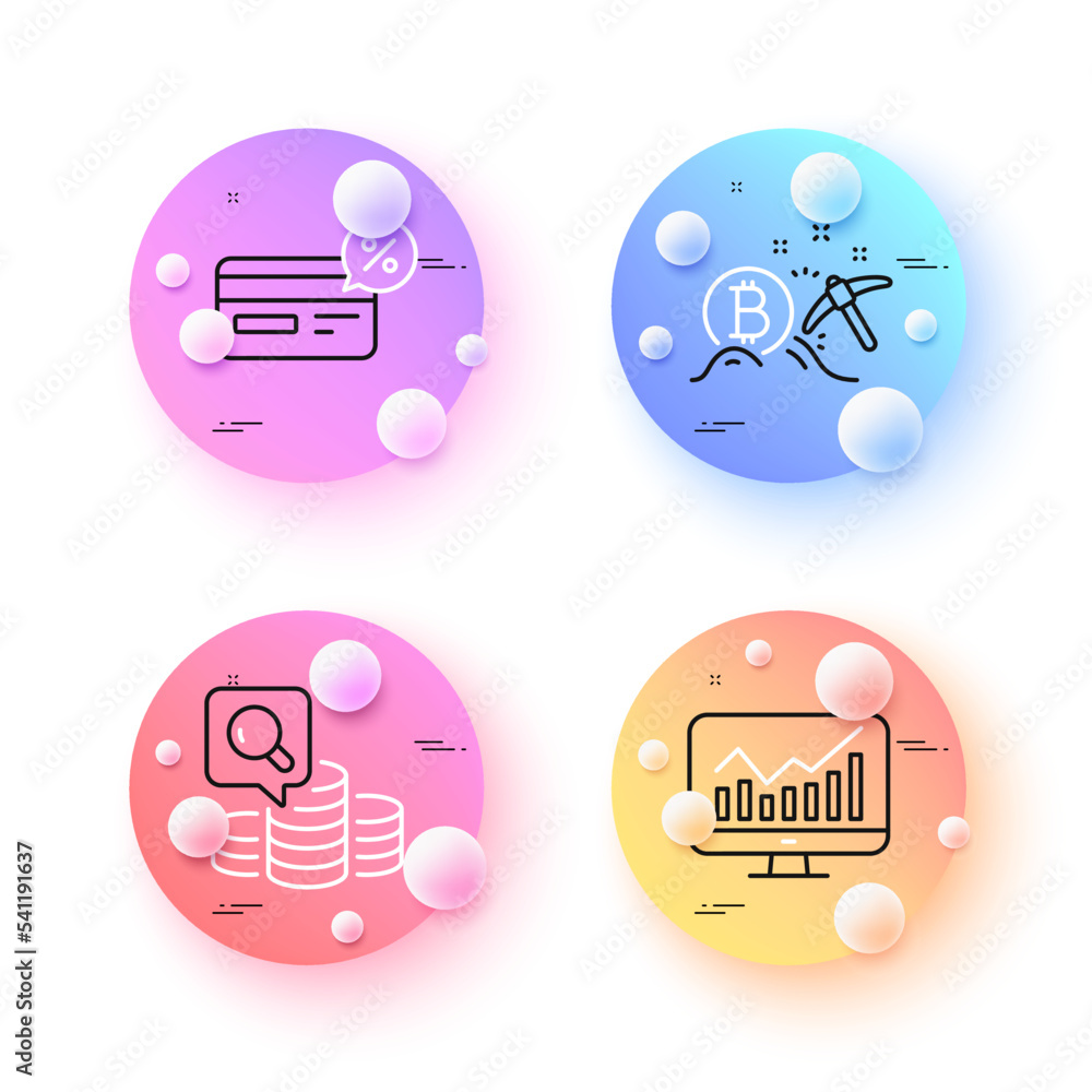 Poster cashback, statistics and bitcoin mining minimal line icons. 3d spheres or balls buttons. inspect ico