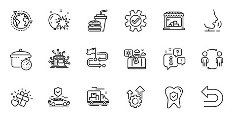 Outline set of Love gift, Travel path and Market line icons for web application. Talk, information, delivery truck outline icon. Include Boiling pan, Outsourcing, Workflow icons. Vector
