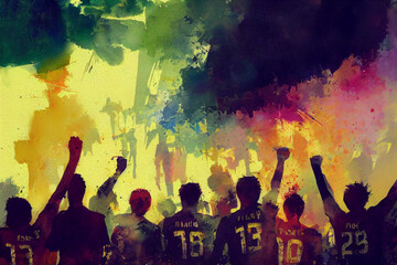 Fototapeta na wymiar Soccer fans. Football hooligans. Football fans celebrating team victory. Soccer hooligans cheering during the game