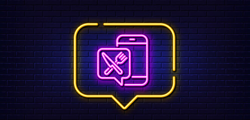 Neon light speech bubble. Restaurant food app line icon. Contactless meal order sign. Grocery phone application symbol. Neon light background. Food app glow line. Brick wall banner. Vector