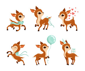 Cute Brown Fawn or Baby Deer Wearing Scarf, Holding Balloon, Jumping and Carrying Gift Box Vector Set