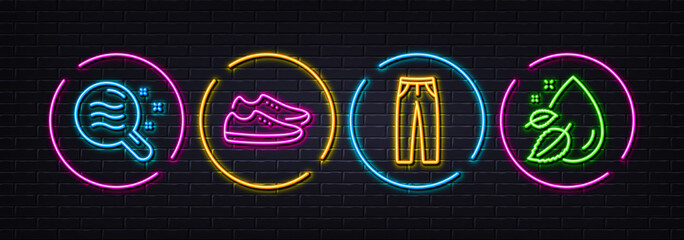 Skin condition, Shoes and Pants minimal line icons. Neon laser 3d lights. Water drop icons. For web, application, printing. Search magnifier, Fashion footwear, Man trousers. Serum oil. Vector