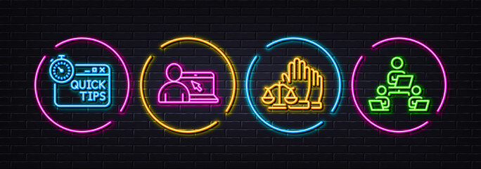 Quick tips, Online education and Court jury minimal line icons. Neon laser 3d lights. Teamwork icons. For web, application, printing. Helpful tricks, Internet lectures, Justice voting. Vector