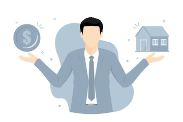 Cartoon businessman housing broker design, Housing investment concepts, Digital marketing illustration.