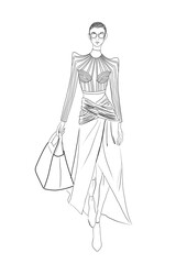 sketch of a woman with bag in long skirt and top, line art drawing