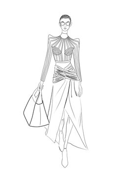 recommend clip art: sketch of a woman with bag in long skirt and top, line art drawing