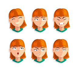 Cute Redhead Woman Head with Different Facial Expression Vector Set