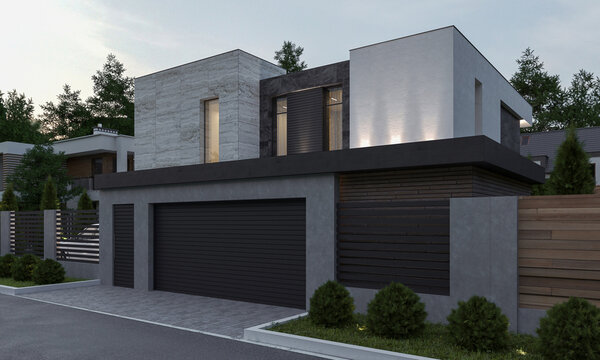 3D visualization of a modern house with a swimming pool and a large terrace. House with a carport and utility block. Facade in ceramic tiles
