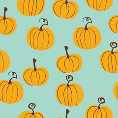 Seamless pattern with halloween pumpkins on color background. Scary and funny faces. Cute Pumpkin or ghost. Vector autumn holidays illustration