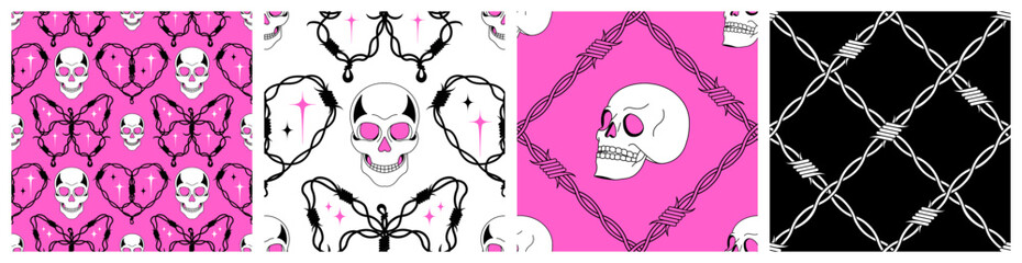 Y2k black and pink trippy seamless patterns. Acid weird emo goth Backgrounds in trendy style. Glamour skull, scary barbed wire. 90s, 00s, 2000s aesthetic for fabric, surface.