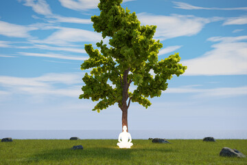 3D rendering of meditation man sitting on the grass in yoga lotus asana position meditate near lone tree on sea shore. Mindfulness and self awareness practice. Beautiful scenery landscape.