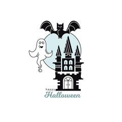 Vector, colored icon on the theme of Halloween. Castle, ghost and bat.
