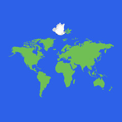 World map. Pigeon. Vector graphic image of a bird with an olive branch. The silhouette of the map. The Dove of Peace