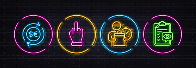 Money currency, Delivery man and Middle finger minimal line icons. Neon laser 3d lights. Eye checklist icons. For web, application, printing. Cash change, Express courier, Gesture. Optometry. Vector