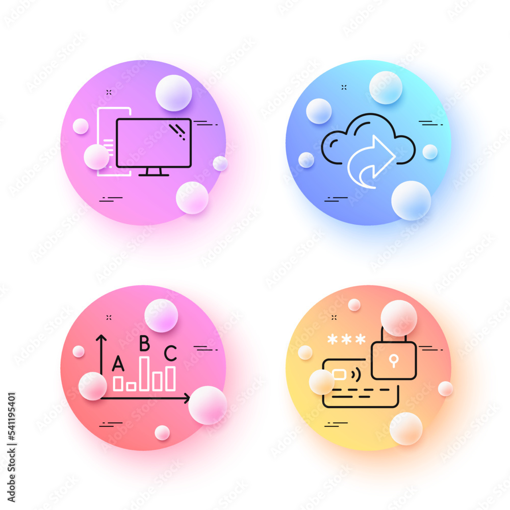 Poster cloud share, survey results and computer minimal line icons. 3d spheres or balls buttons. lock icons