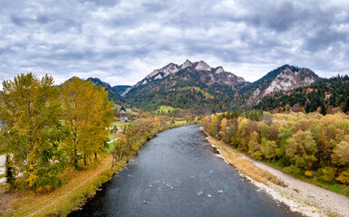 Trzy Korony, Pieniny Mountains autumn aerial shot above the Dunajec river. © Artur Kowalczyk